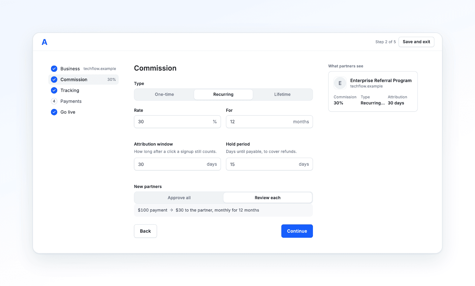 Setup step 2 of 5, Commission: type (one-time, recurring or lifetime), rate and months, attribution window, hold period, and whether new partners are approved automatically or reviewed one by one, with a preview of what partners see